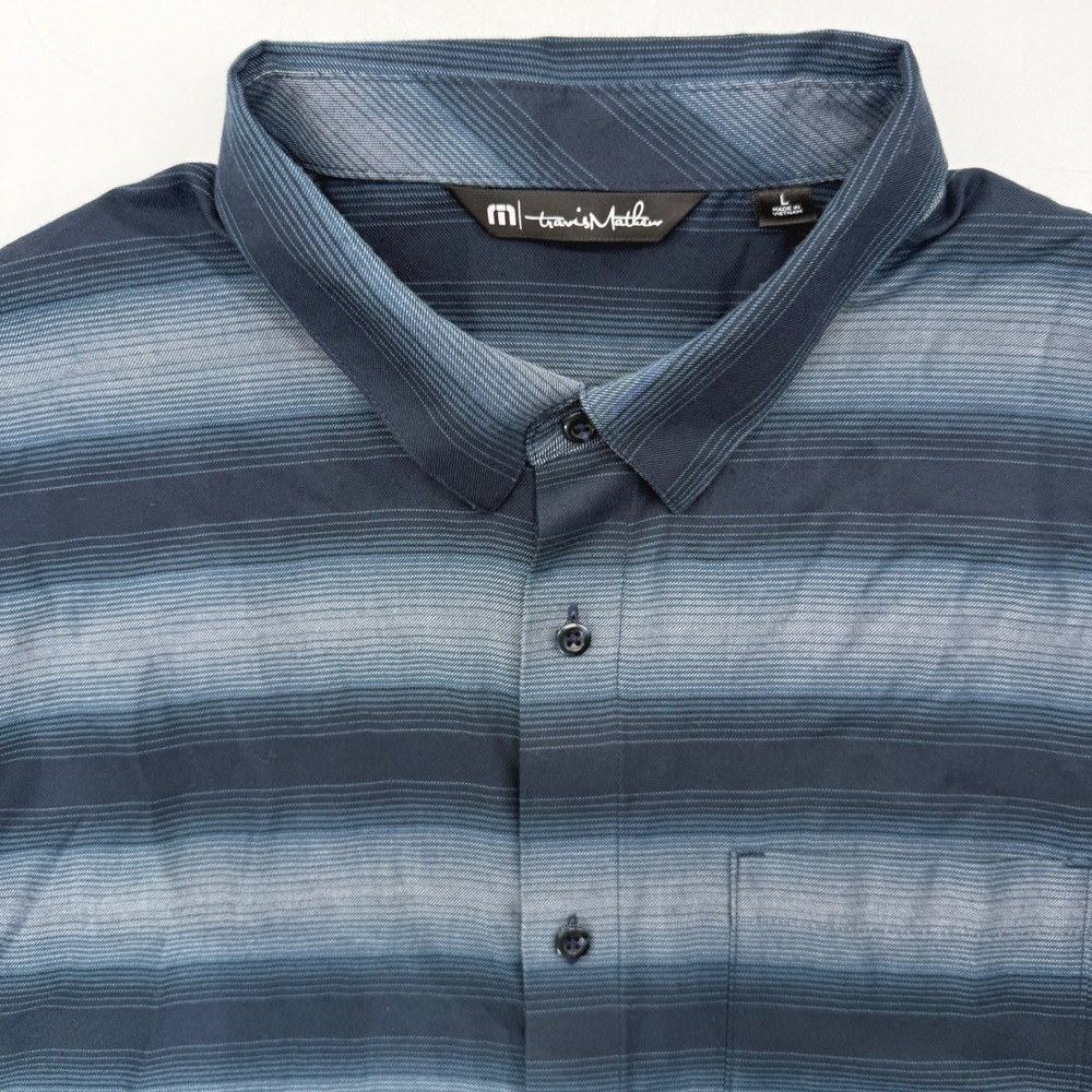 TravisMathew Button Down Men L Blue Ombre Stripe Short Sleeve Casual Golf Shirt